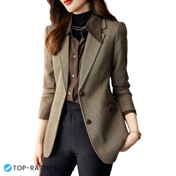 Jackets & Blazers - Classic Slim Fit Wool Blend Blazer Notched Lapel Herringbone Plaid Office Chic